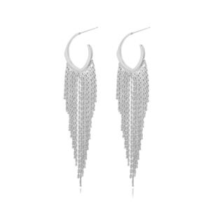 Silver Fringe Dangle Earrings – Long 3-Inch Textured Drop Statement Earrings for